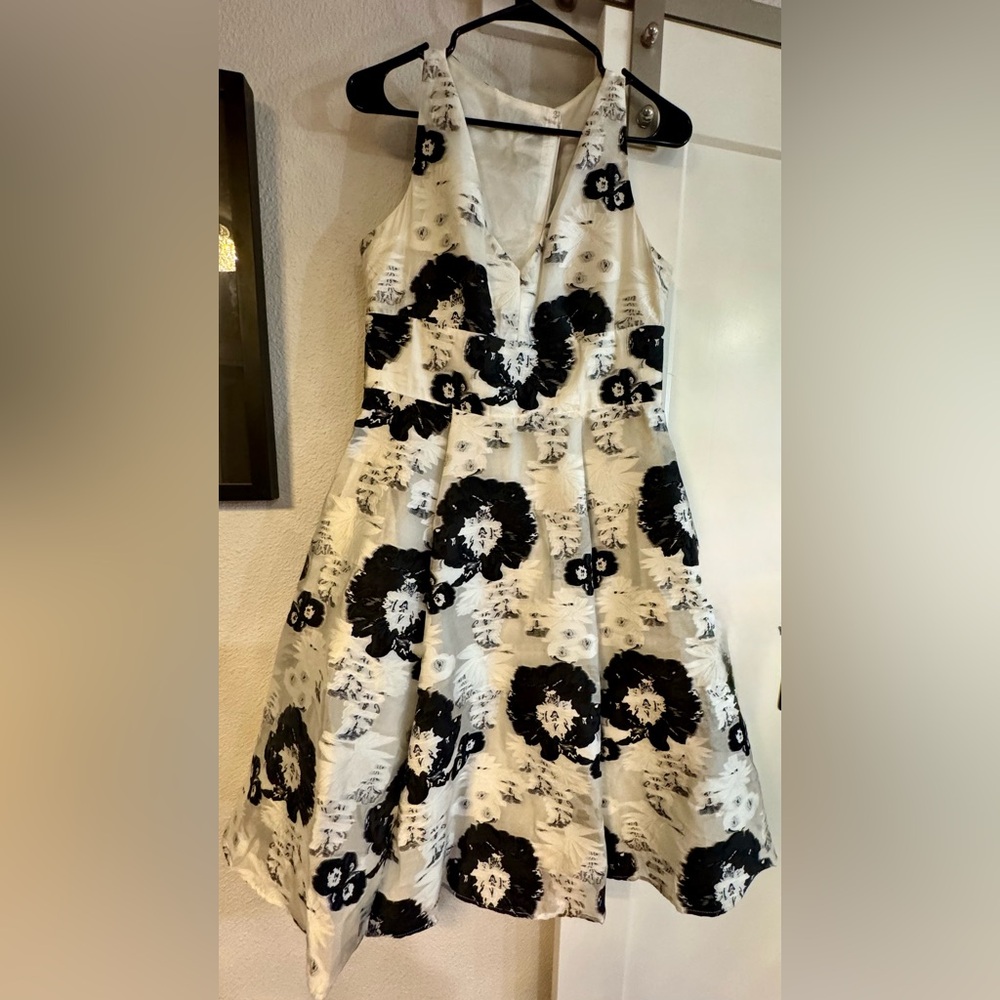 Betsy Johnson Elegant Asymmetrical Floral Dress in Black and White